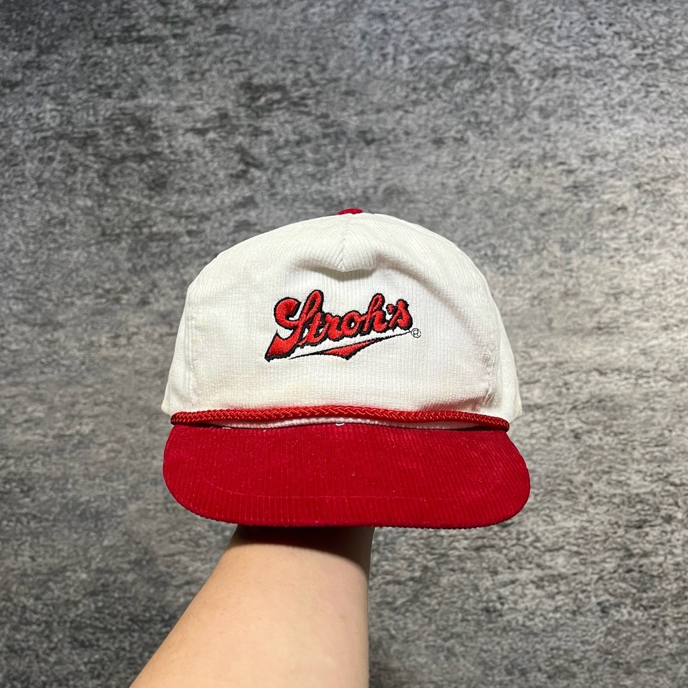 Stroh's Beer Corduroy Hat Snap Back Cap Vintage 90s Embroidered Red White
